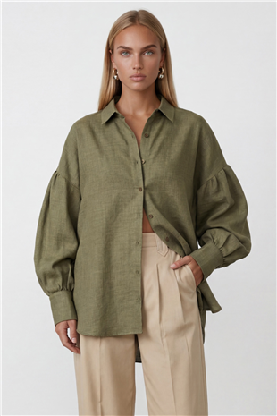 Kadın Haki Balon Kol Geniş Manşetli Oversize Keten Gömlek Alc-X15426
