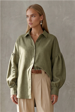 Kadın Haki Balon Kol Geniş Manşetli Oversize Keten Gömlek Alc-X15426