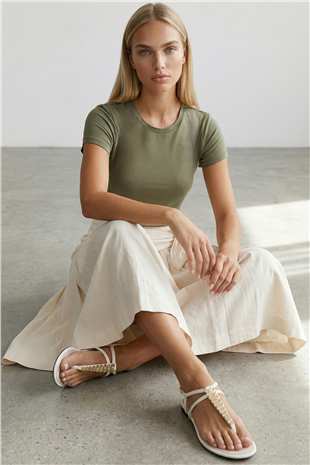 Kadın Haki Bisiklet Yaka Basic Bluz Alc-X15455