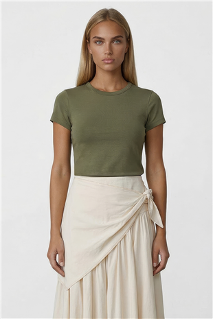 Kadın Haki Bisiklet Yaka Basic Bluz Alc-X15455