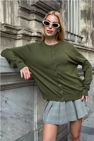 Kadın HAKİ Bisiklet Yaka Düğmeli Triko Hırka VS01640