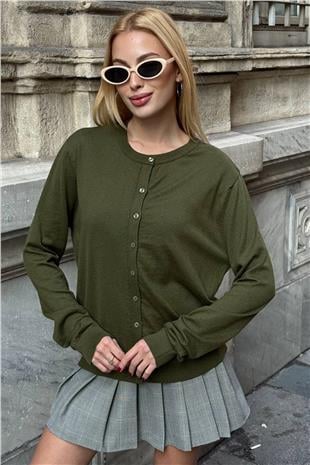 Kadın HAKİ Bisiklet Yaka Düğmeli Triko Hırka VS01640