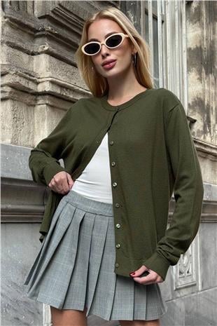 Kadın HAKİ Bisiklet Yaka Düğmeli Triko Hırka VS01640