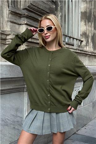 Kadın HAKİ Bisiklet Yaka Düğmeli Triko Hırka VS01640