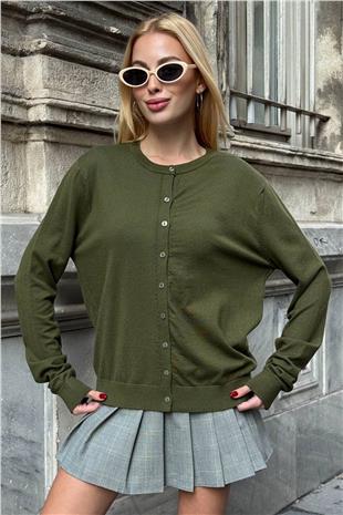 Kadın HAKİ Bisiklet Yaka Düğmeli Triko Hırka VS01640