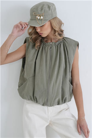 Kadın Haki Bisiklet Yaka Fermuarlı Astarlı Kolsuz Trençkot Alc-X15620