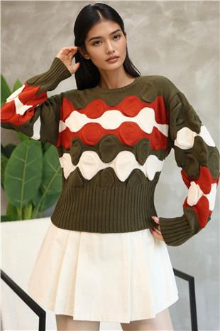 Kadın Haki Bisiklet Yaka Kabartma Desenli Triko Kazak Alc-X14744