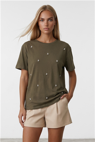 Kadın Haki Bisiklet Yaka Oversize İnci Ve Taş İşlemeli T-Shirt ALC-X11964