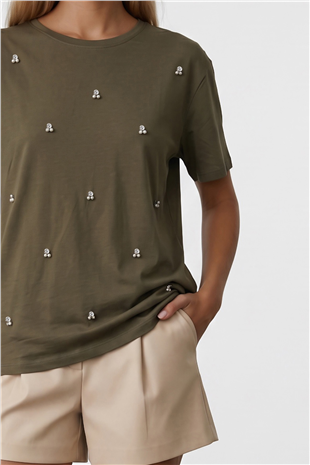 Kadın Haki Bisiklet Yaka Oversize İnci Ve Taş İşlemeli T-Shirt ALC-X11964