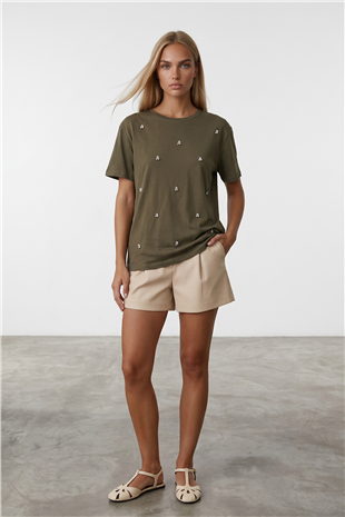 Kadın Haki Bisiklet Yaka Oversize İnci Ve Taş İşlemeli T-Shirt ALC-X11964