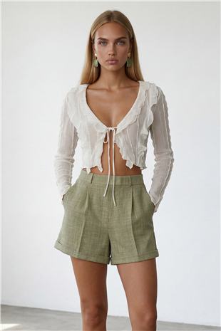 Kadın Haki Çift Cepli Duble Paça Gizli Fermuarlı Keten Şort Alc-X13767