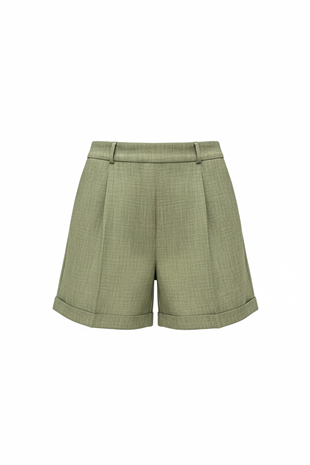 Kadın Haki Çift Cepli Duble Paça Gizli Fermuarlı Keten Şort Alc-X13767