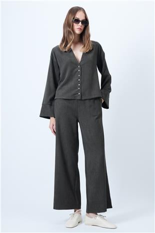 Kadın Haki Hakim Yaka Gold Düğme Detaylı Kadife Ceket Ve Palazzo Pantolon İkili Takım ALC-X14633