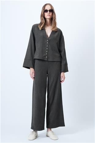 Kadın Haki Hakim Yaka Gold Düğme Detaylı Kadife Ceket Ve Palazzo Pantolon İkili Takım ALC-X14633