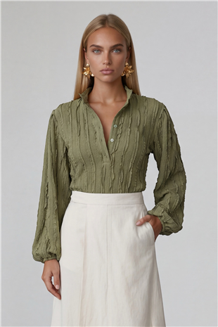 Kadın Haki Hakim Yaka Önü Düğmeli Balon Kol Fırfır Kumaş Gömlek Bluz Alc-X15405