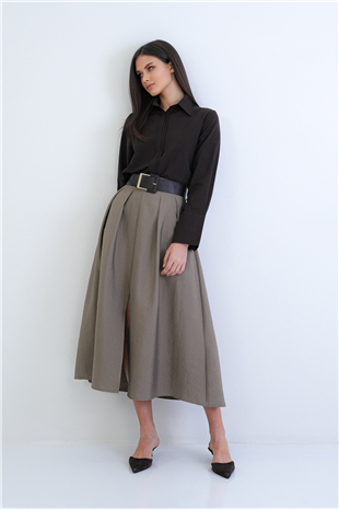 Kadın Haki Kalın Kemerli Fermuarlı Yırtmaç Detaylı  Pileli Midi Boy Tafta Etek Alc-X15258
