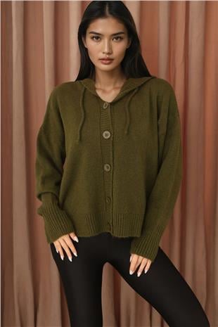 Kadın Haki Kapüşonlu Triko Hırka Alc-X14743