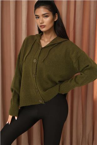 Kadın Haki Kapüşonlu Triko Hırka Alc-X14743