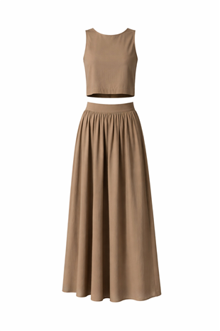 Kadın Haki Kayık Yaka Kolsuz Keten Crop Bluz Ve Maxi Boy Etek Takım Alc-X15420