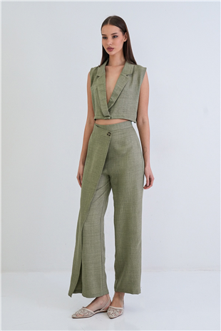 Kadın Haki Keten Yelek Ve Anvelop Kesim Yüksek Bel Fermuarlı  Pantolon Takım Alc-X15300
