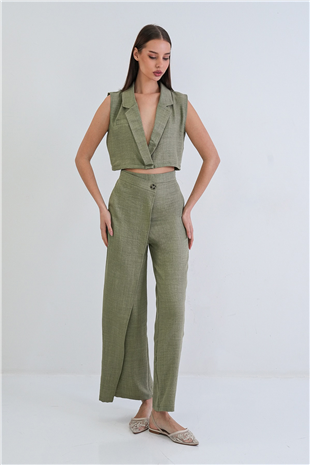 Kadın Haki Keten Yelek Ve Anvelop Kesim Yüksek Bel Fermuarlı  Pantolon Takım Alc-X15300