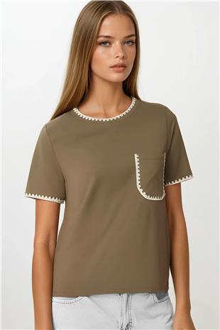 Kadın HAKİ Nakış İşlemeli Tek Cepli T-Shirt VS00164