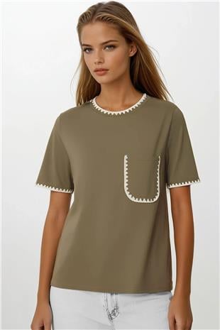 Kadın HAKİ Nakış İşlemeli Tek Cepli T-Shirt VS00164