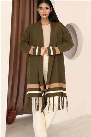 Kadın Haki Şerit Detaylı Püsküllü Uzun Hırka Alc-X14745