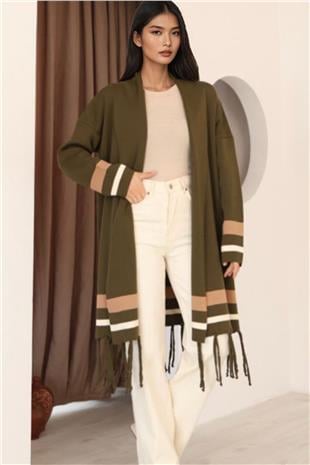 Kadın Haki Şerit Detaylı Püsküllü Uzun Hırka Alc-X14745