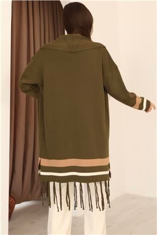 Kadın Haki Şerit Detaylı Püsküllü Uzun Hırka Alc-X14745