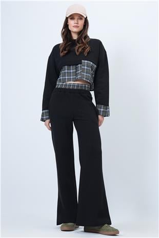 Kadın HAKİ-SİYAH Ekose Detaylı Sweatshirt Ve Geniş Paça Pantolon Takım VS01524