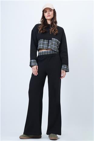 Kadın HAKİ-SİYAH Ekose Detaylı Sweatshirt Ve Geniş Paça Pantolon Takım VS01524