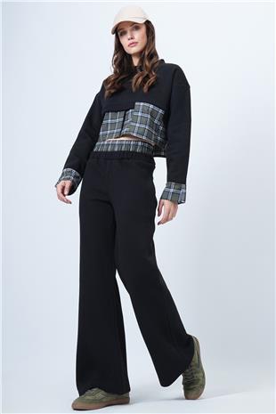 Kadın HAKİ-SİYAH Ekose Detaylı Sweatshirt Ve Geniş Paça Pantolon Takım VS01524