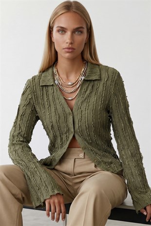 Kadın Haki V Yaka İspanyol Kol Fırfır Kumaş Gömlek Alc-X15404