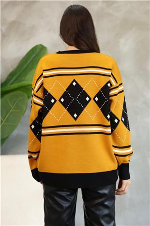 Kadın Hardal Bisiklet Yaka Baklava Desenli Triko Kazak Alc-X14742