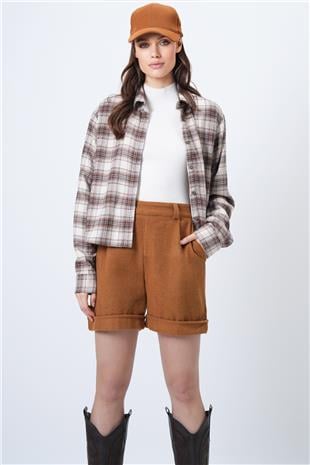 Kadın Hardal Duble Paça Çift Cepli Kışlık Kaşe Şort Alc-X13297