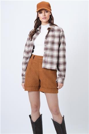 Kadın Hardal Duble Paça Çift Cepli Kışlık Kaşe Şort Alc-X13297