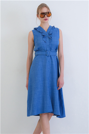 Kadın İndigo Düğmeli Önü Fırfır Detaylı Kendindn Kemerli Keten Dokuma Elbise Alc-X15330