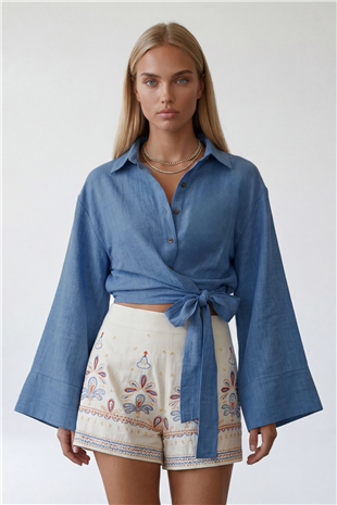 Kadın İndigo Geniş Manşetli Kol Detaylı Önü Bağlamalı Keten Gömlek Alc-X15424