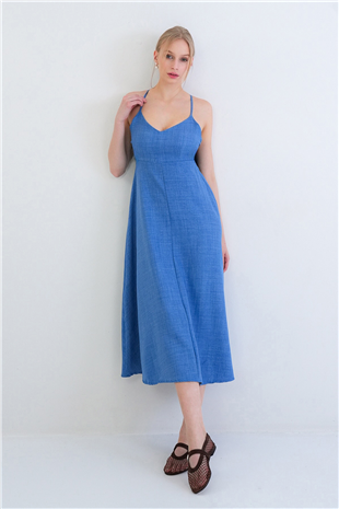 Kadın İndigo İp Askılı Sırtı Bağlamalı Maxi Boy Yazlık Keten Elbise Alc-X15333