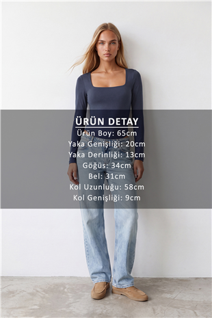 Kadın İndigo Kare Yaka Tulumlu Alttan Çıtçıtlı Bodysuit Alc-X14390