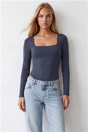 Kadın İndigo Kare Yaka Tulumlu Alttan Çıtçıtlı Bodysuit Alc-X14390