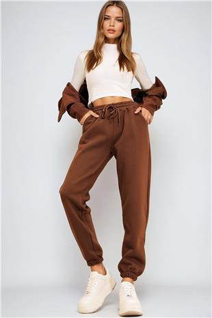 Kadın KAHVE 3 İplik İçi Şardonlu Jogging Eşofman Altı PRM1333