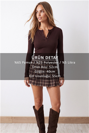 Kadın Kahve Bisiklet Yaka Düğmeli Buzzy Ribana Örme Bluz Alc-X15796