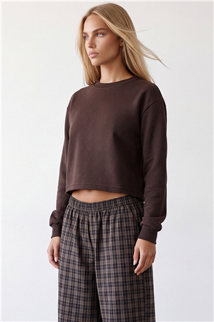 Kadın Kahve Bisiklet Yaka Eteği Pis Dikişli 3 İplik İçi Şardonlu Sweatshirt Alc-X15863