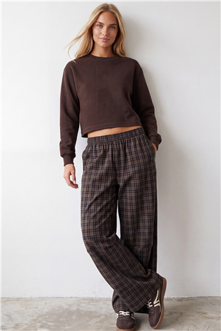 Kadın Kahve Bisiklet Yaka Eteği Pis Dikişli 3 İplik İçi Şardonlu Sweatshirt Alc-X15863