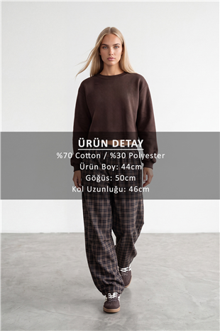 Kadın Kahve Bisiklet Yaka Eteği Pis Dikişli 3 İplik İçi Şardonlu Sweatshirt Alc-X15863