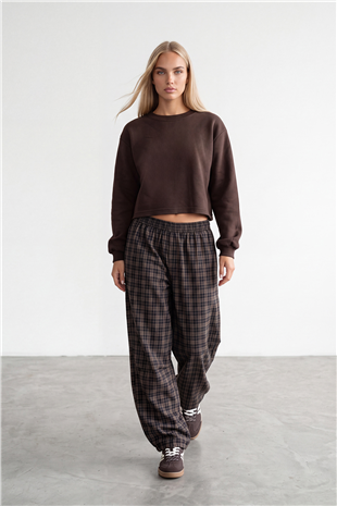 Kadın Kahve Bisiklet Yaka Eteği Pis Dikişli 3 İplik İçi Şardonlu Sweatshirt Alc-X15863