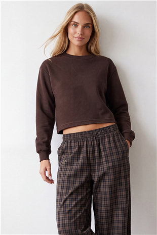 Kadın Kahve Bisiklet Yaka Eteği Pis Dikişli 3 İplik İçi Şardonlu Sweatshirt Alc-X15863