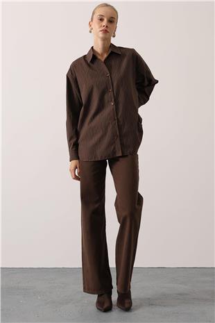 Kadın KAHVE Çizgili Oversize Gömlek VS01624
